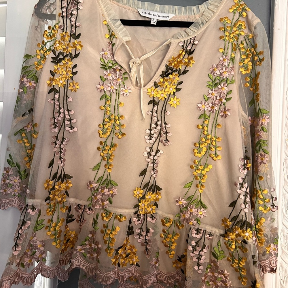 cupcakes & cashmere Yellow and Pink Embroidered Blouse